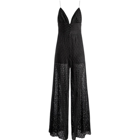 Alice + Olivia Black Tilly Wide Leg Eyelet Sleeveless Button Front Jumpsuit 12 - Picture 1 of 13